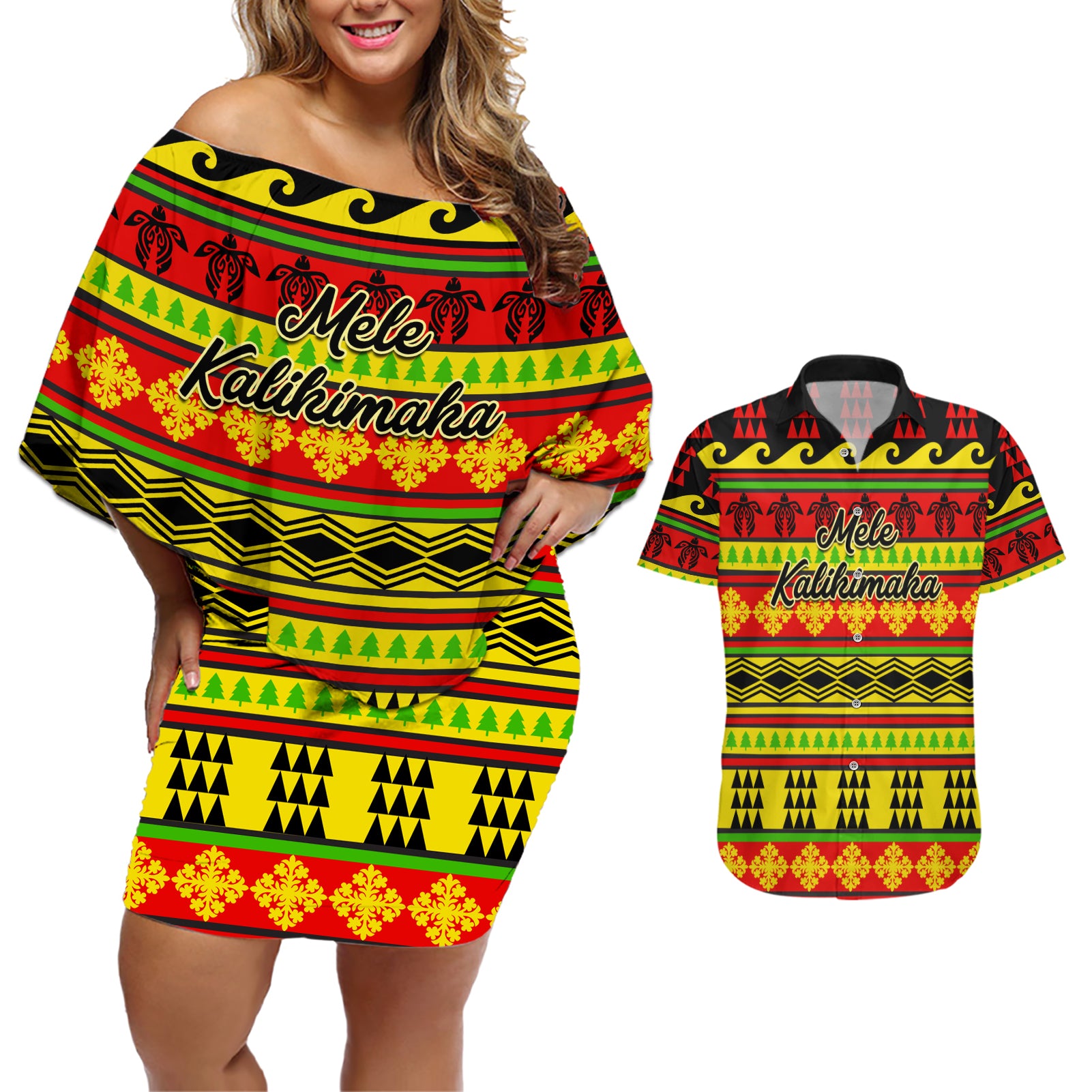 Custom Hawaii Christmas Couples Matching Off Shoulder Short Dress and Hawaiian Shirt Hawaiian Quilt Pattern Reggae Version LT01 Art - Polynesian Pride