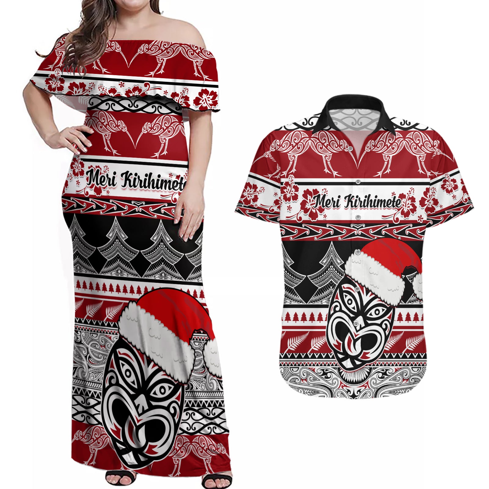 Custom New Zealand Christmas Couples Matching Off Shoulder Maxi Dress and Hawaiian Shirt Maori Meri Kirihimete Moko LT01 Red - Polynesian Pride