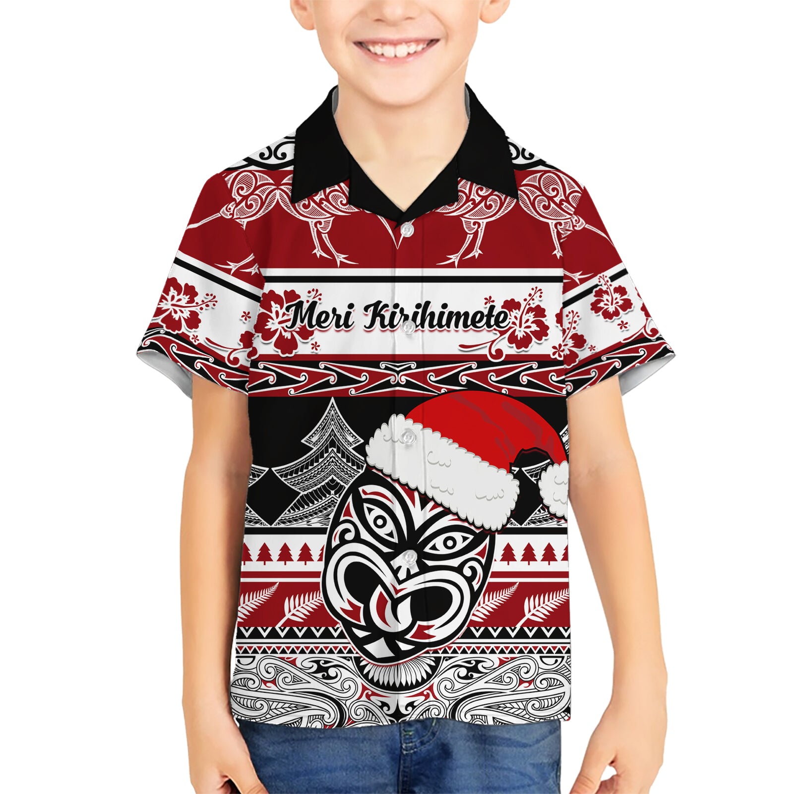 Custom New Zealand Christmas Kid Hawaiian Shirt Maori Meri Kirihimete Moko LT01 Kid Red - Polynesian Pride