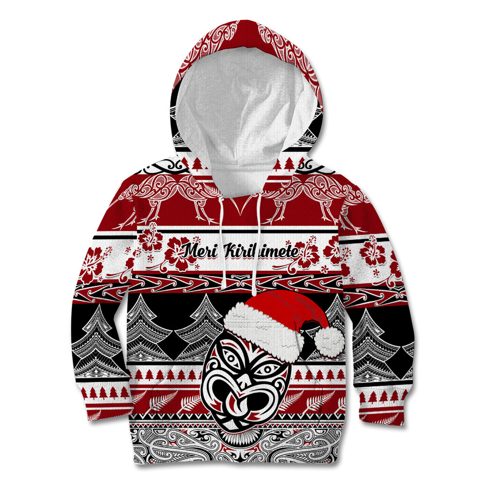 Custom New Zealand Christmas Kid Hoodie Maori Meri Kirihimete Moko LT01 Red - Polynesian Pride