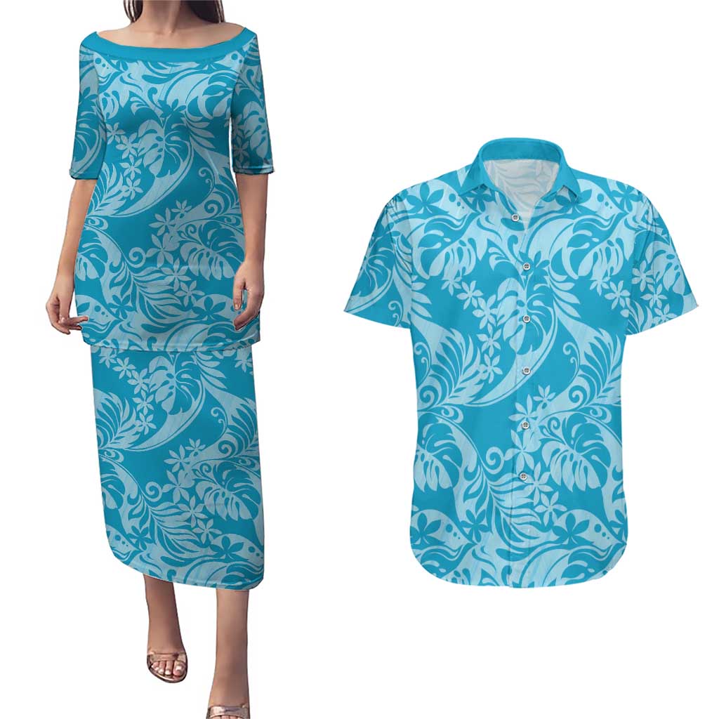 Tahiti Ninamu Tiare Floral Couples Matching Puletasi and Hawaiian Shirt Monstera Palm Tropical Leaves - Polynesian Pride