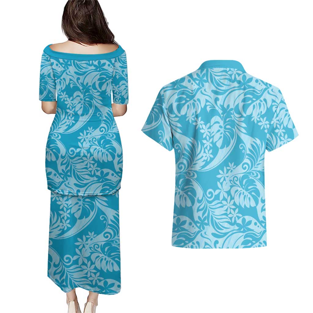 Tahiti Ninamu Tiare Floral Couples Matching Puletasi and Hawaiian Shirt Monstera Palm Tropical Leaves - Polynesian Pride