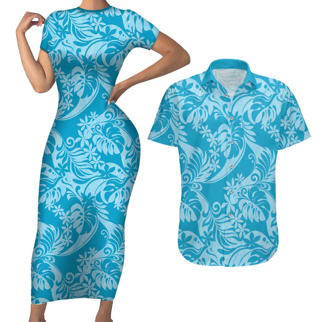 Tahiti Ninamu Tiare Floral Couples Matching Short Sleeve Bodycon Dress and Hawaiian Shirt Monstera Palm Tropical Leaves - Polynesian Pride