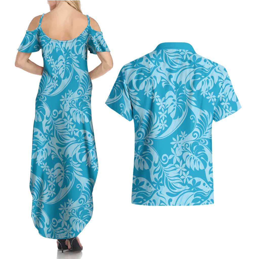 Tahiti Ninamu Tiare Floral Couples Matching Summer Maxi Dress and Hawaiian Shirt Monstera Palm Tropical Leaves - Polynesian Pride