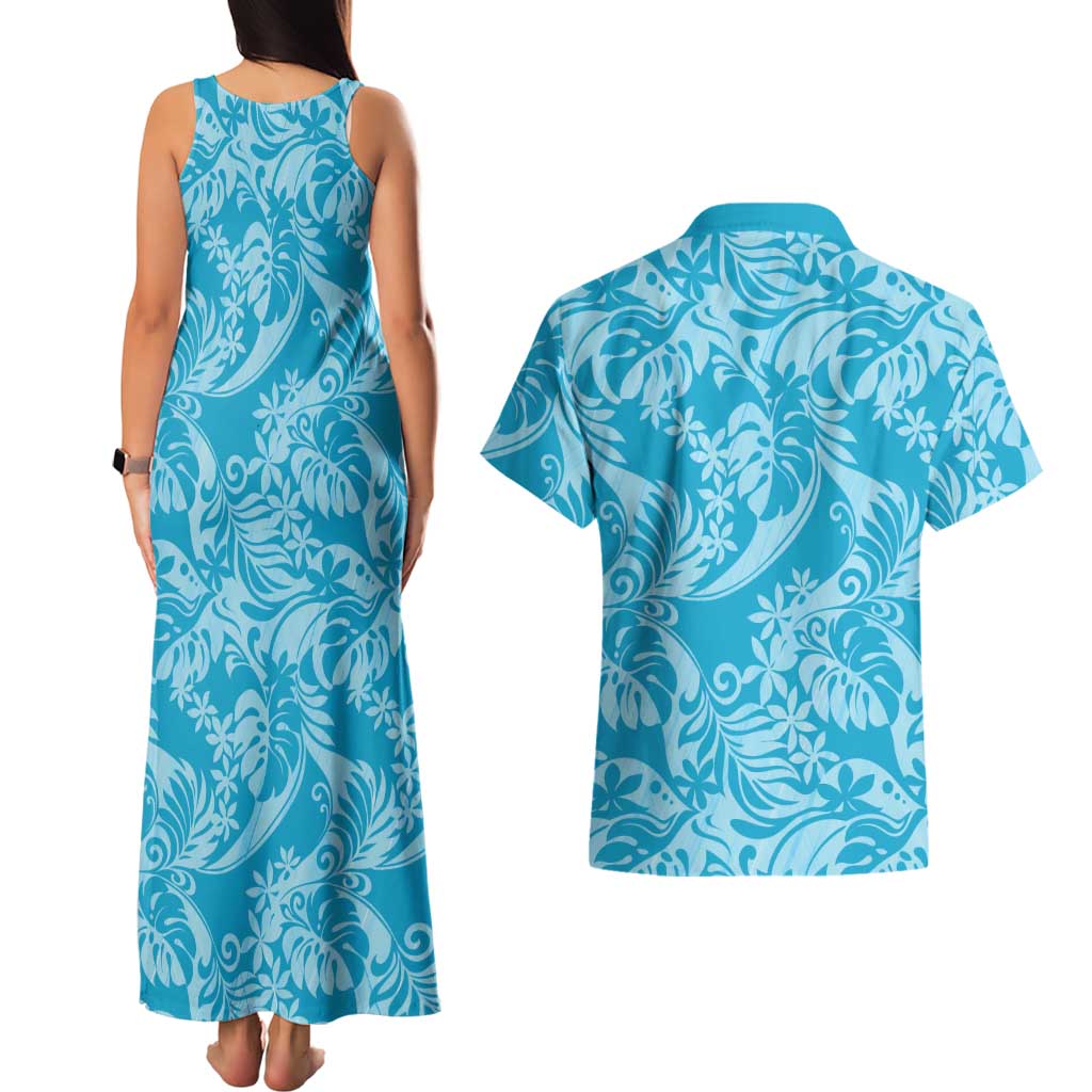 Tahiti Ninamu Tiare Floral Couples Matching Tank Maxi Dress and Hawaiian Shirt Monstera Palm Tropical Leaves - Polynesian Pride