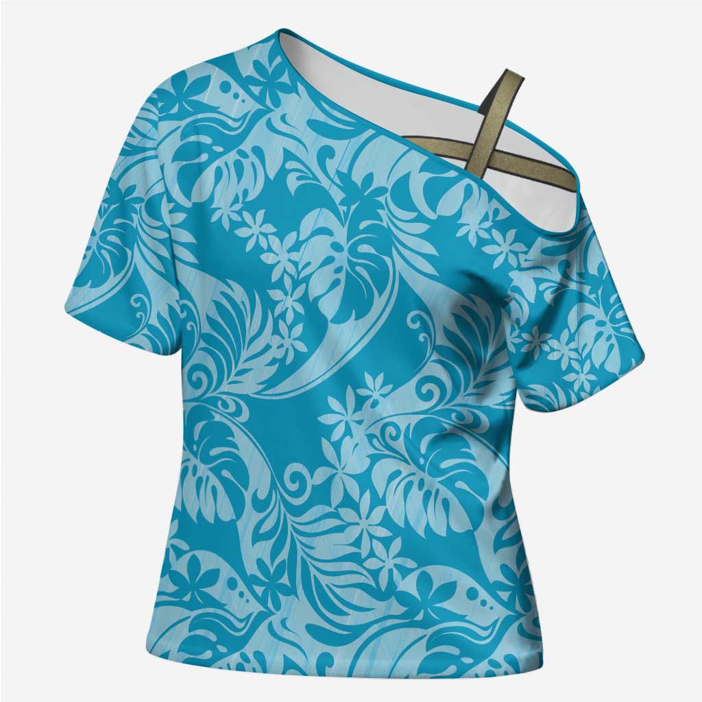 Tahiti Ninamu Tiare Floral Cross Shoulder Shirt Monstera Palm Tropical Leaves - Polynesian Pride