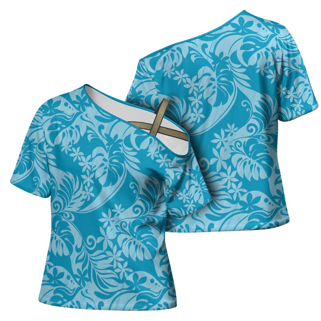 Tahiti Ninamu Tiare Floral Cross Shoulder Shirt Monstera Palm Tropical Leaves - Polynesian Pride