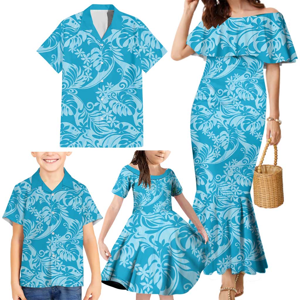 Tahiti Ninamu Tiare Floral Family Matching Mermaid Dress and Hawaiian Shirt Monstera Palm Tropical Leaves LT01 - Polynesian Pride