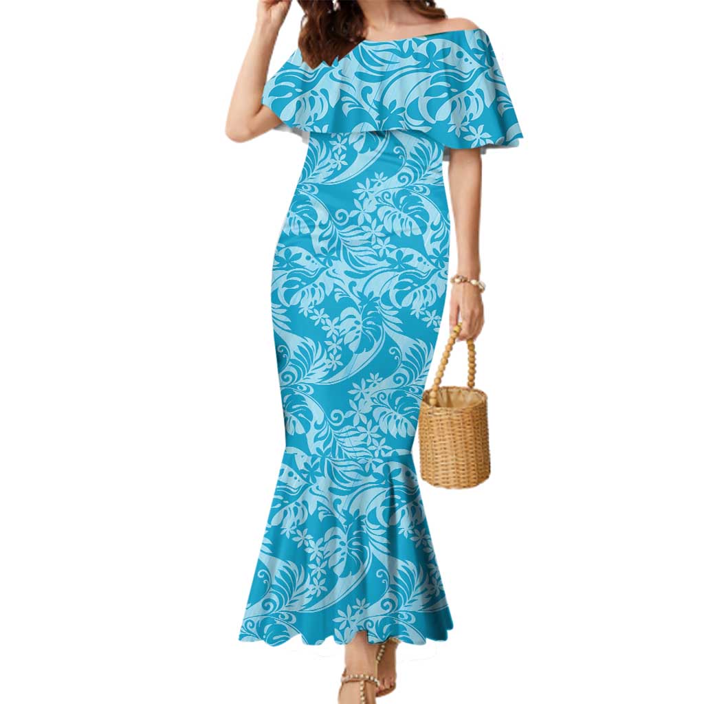 Tahiti Ninamu Tiare Floral Family Matching Mermaid Dress and Hawaiian Shirt Monstera Palm Tropical Leaves LT01 Mom's Dress Blue - Polynesian Pride