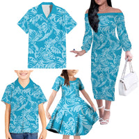 Tahiti Ninamu Tiare Floral Family Matching Off The Shoulder Long Sleeve Dress and Hawaiian Shirt Monstera Palm Tropical Leaves - Polynesian Pride