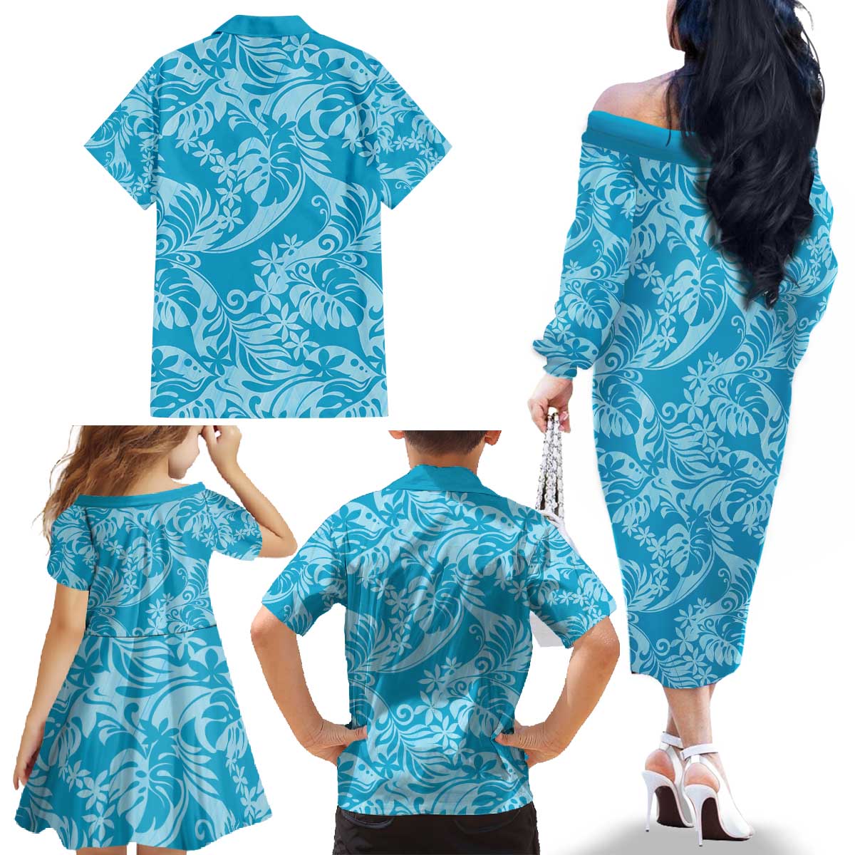 Tahiti Ninamu Tiare Floral Family Matching Off The Shoulder Long Sleeve Dress and Hawaiian Shirt Monstera Palm Tropical Leaves - Polynesian Pride