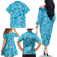 Tahiti Ninamu Tiare Floral Family Matching Off The Shoulder Long Sleeve Dress and Hawaiian Shirt Monstera Palm Tropical Leaves - Polynesian Pride