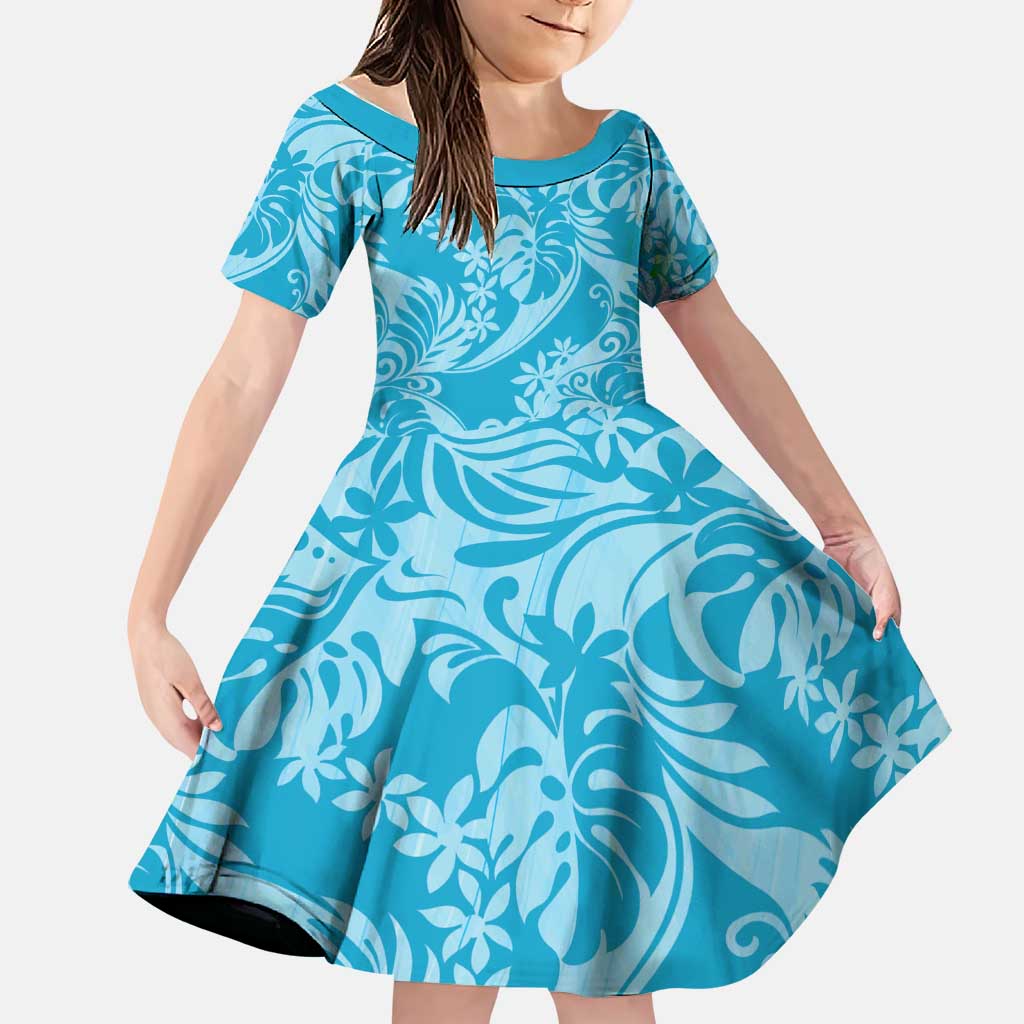 Tahiti Ninamu Tiare Floral Family Matching Puletasi and Hawaiian Shirt Monstera Palm Tropical Leaves LT01 Daughter's Dress Blue - Polynesian Pride