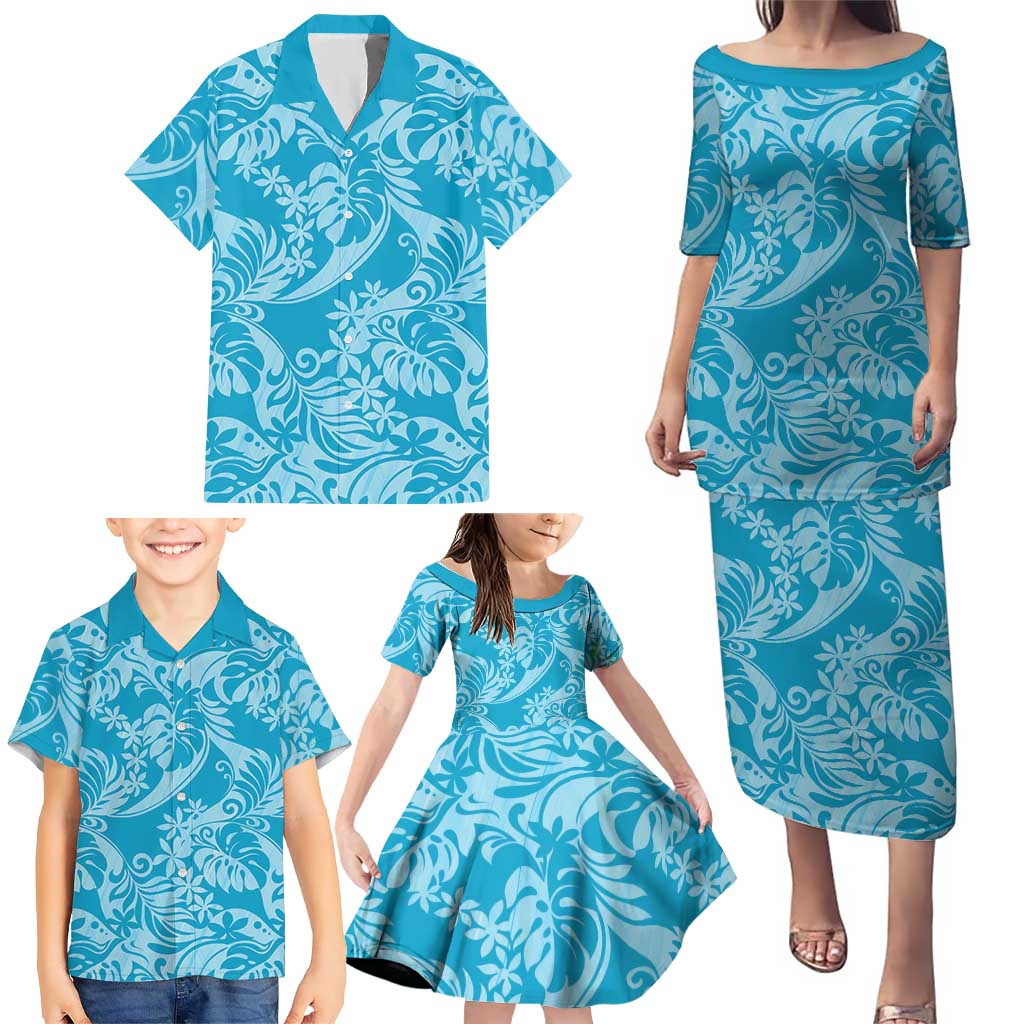 Tahiti Ninamu Tiare Floral Family Matching Puletasi and Hawaiian Shirt Monstera Palm Tropical Leaves - Polynesian Pride