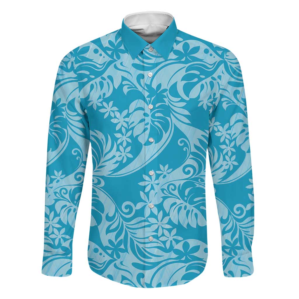 Tahiti Ninamu Tiare Floral Family Matching Puletasi and Hawaiian Shirt Monstera Palm Tropical Leaves LT01 Dad's Shirt - Long Sleeve Blue - Polynesian Pride