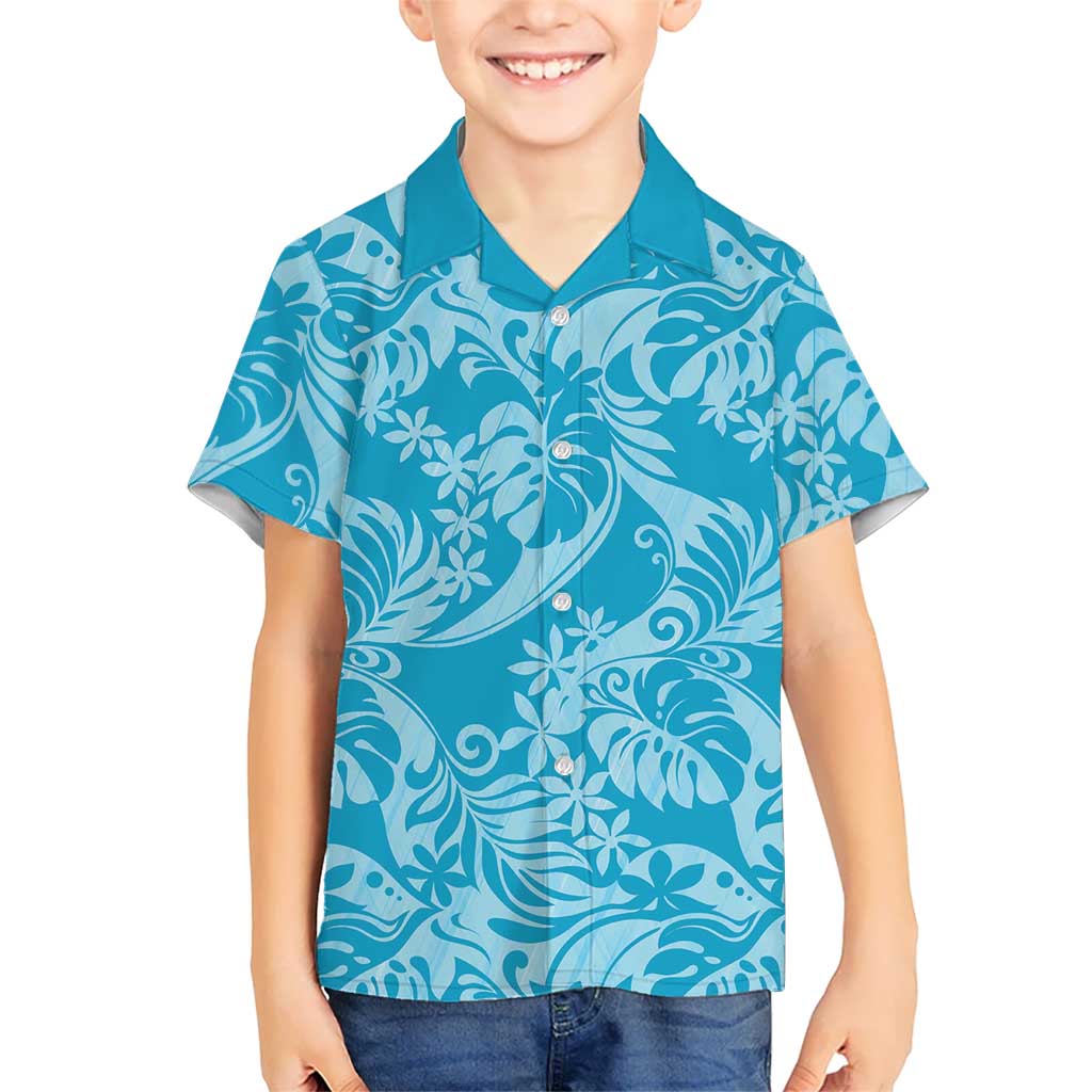 Tahiti Ninamu Tiare Floral Family Matching Puletasi and Hawaiian Shirt Monstera Palm Tropical Leaves LT01 Son's Shirt Blue - Polynesian Pride