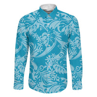 Tahiti Ninamu Tiare Floral Family Matching Short Sleeve Bodycon Dress and Hawaiian Shirt Monstera Palm Tropical Leaves LT01 Dad's Shirt - Long Sleeve Blue - Polynesian Pride
