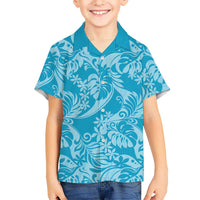 Tahiti Ninamu Tiare Floral Family Matching Tank Maxi Dress and Hawaiian Shirt Monstera Palm Tropical Leaves LT01 Son's Shirt Blue - Polynesian Pride