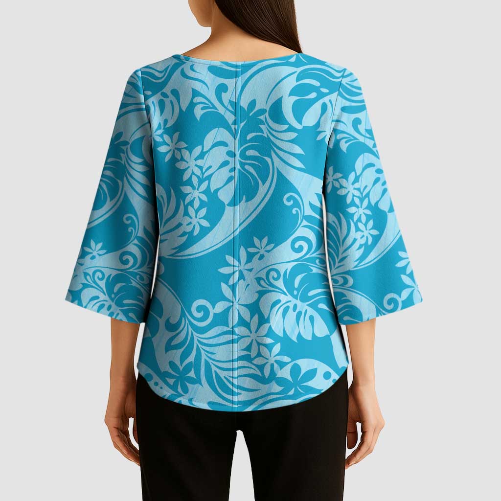 Tahiti Ninamu Tiare Floral Kimono Sleeve Blouse Monstera Palm Tropical Leaves - Polynesian Pride