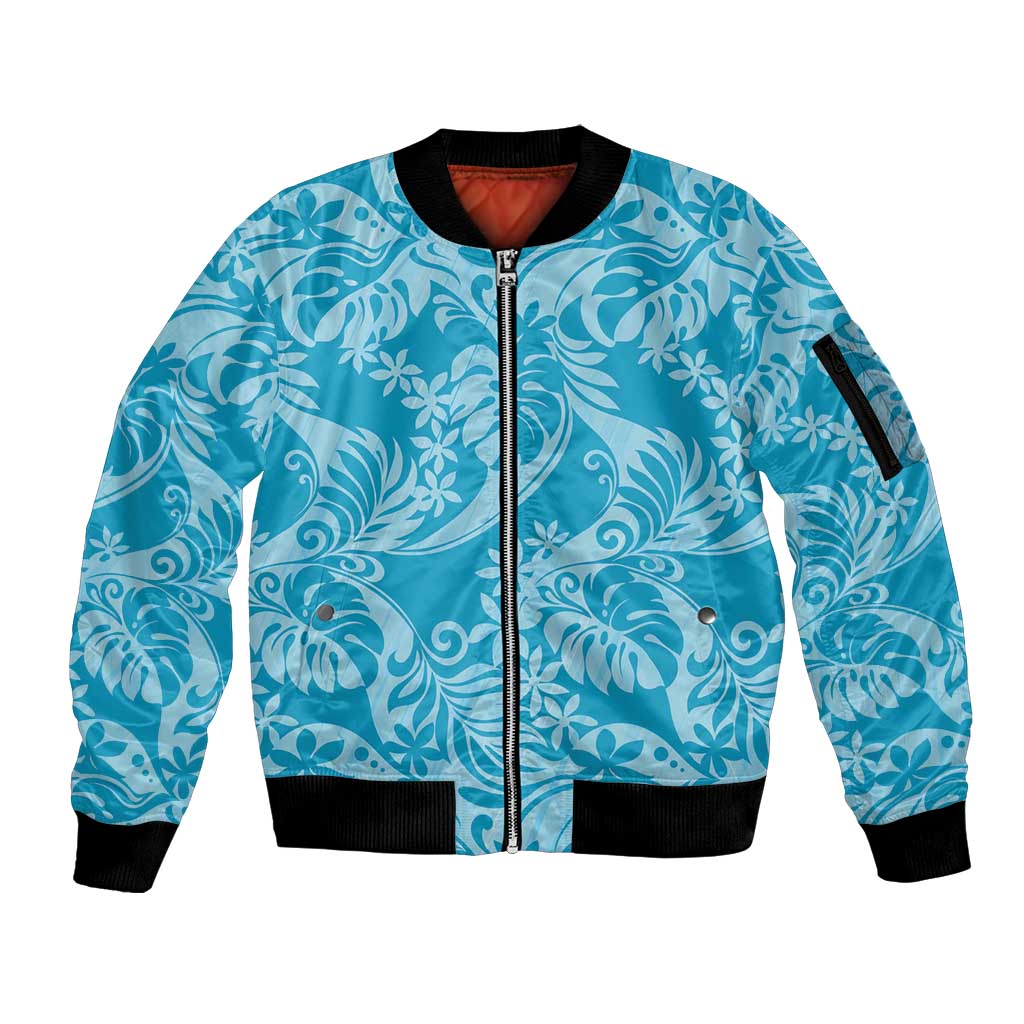 Tahiti Ninamu Tiare Floral Sleeve Zip Bomber Jacket Monstera Palm Tropical Leaves - Polynesian Pride