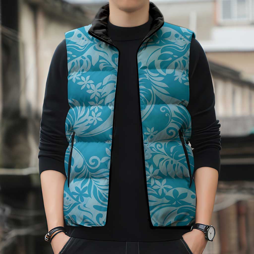 Tahiti Ninamu Tiare Floral Sleeveless Puffer Jacket Monstera Palm Tropical Leaves - Polynesian Pride