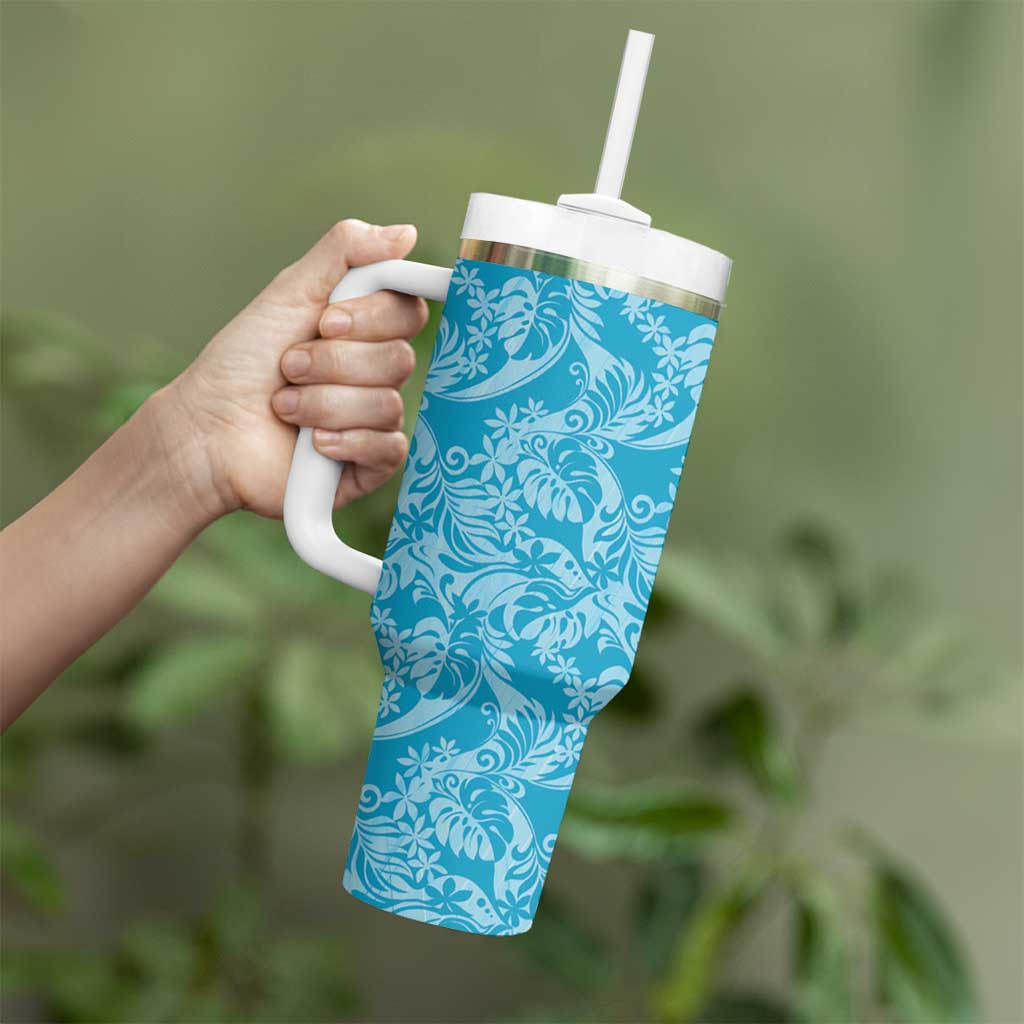 Tahiti Ninamu Tiare Floral Tumbler With Handle Monstera Palm Tropical Leaves - Polynesian Pride