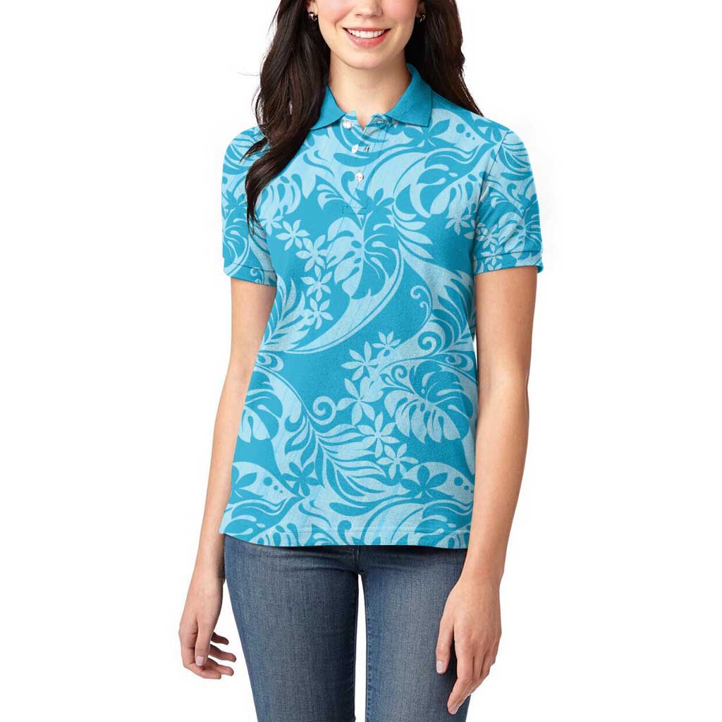 Tahiti Ninamu Tiare Floral Women Polo Shirt Monstera Palm Tropical Leaves - Polynesian Pride