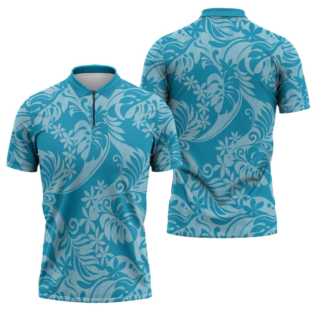 Tahiti Ninamu Tiare Floral Zipper Polo Shirt Monstera Palm Tropical Leaves - Polynesian Pride