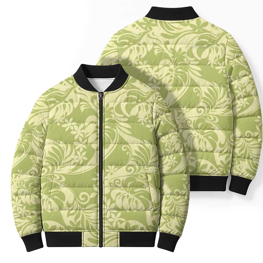 Tahiti Olive Tiare Floral Bomber Puffer Jacket Monstera Palm Tropical Leaves - Polynesian Pride