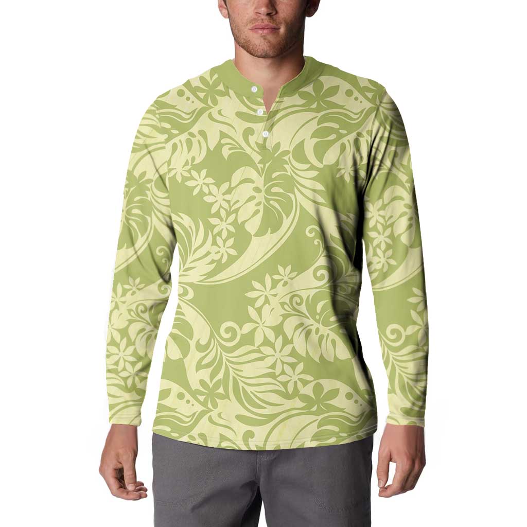 Tahiti Olive Tiare Floral Button Sweatshirt Monstera Palm Tropical Leaves - Polynesian Pride