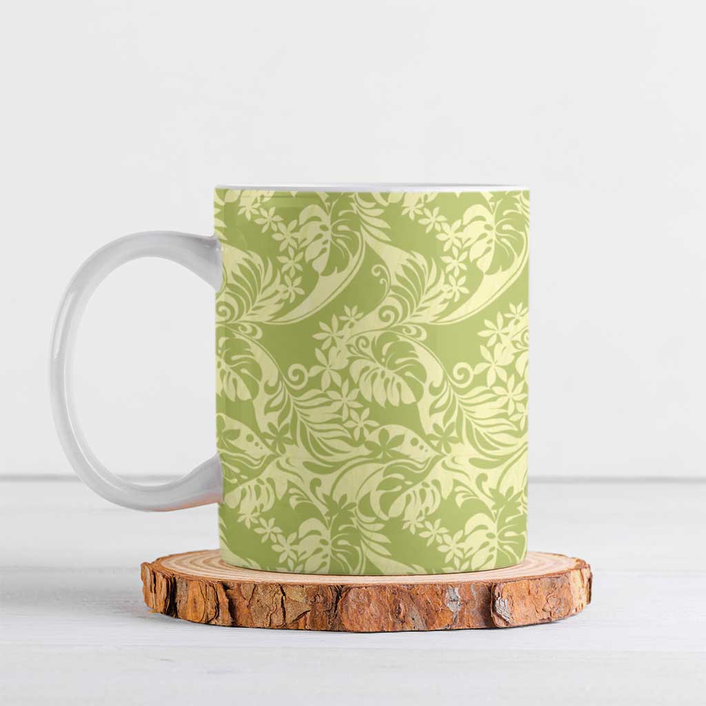 Tahiti Olive Tiare Floral Ceramic Mug Monstera Palm Tropical Leaves - Polynesian Pride