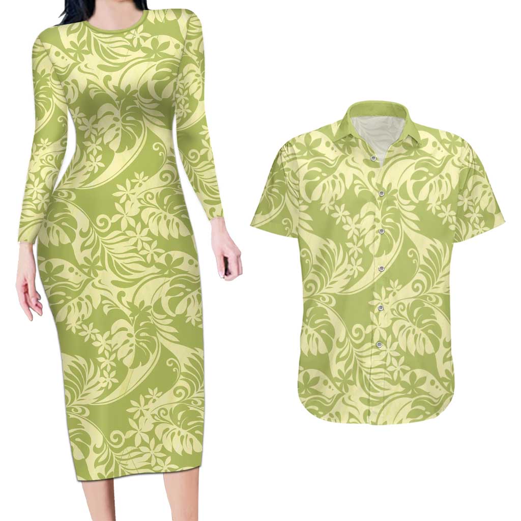 Tahiti Olive Tiare Floral Couples Matching Long Sleeve Bodycon Dress and Hawaiian Shirt Monstera Palm Tropical Leaves LT01 Olive - Polynesian Pride