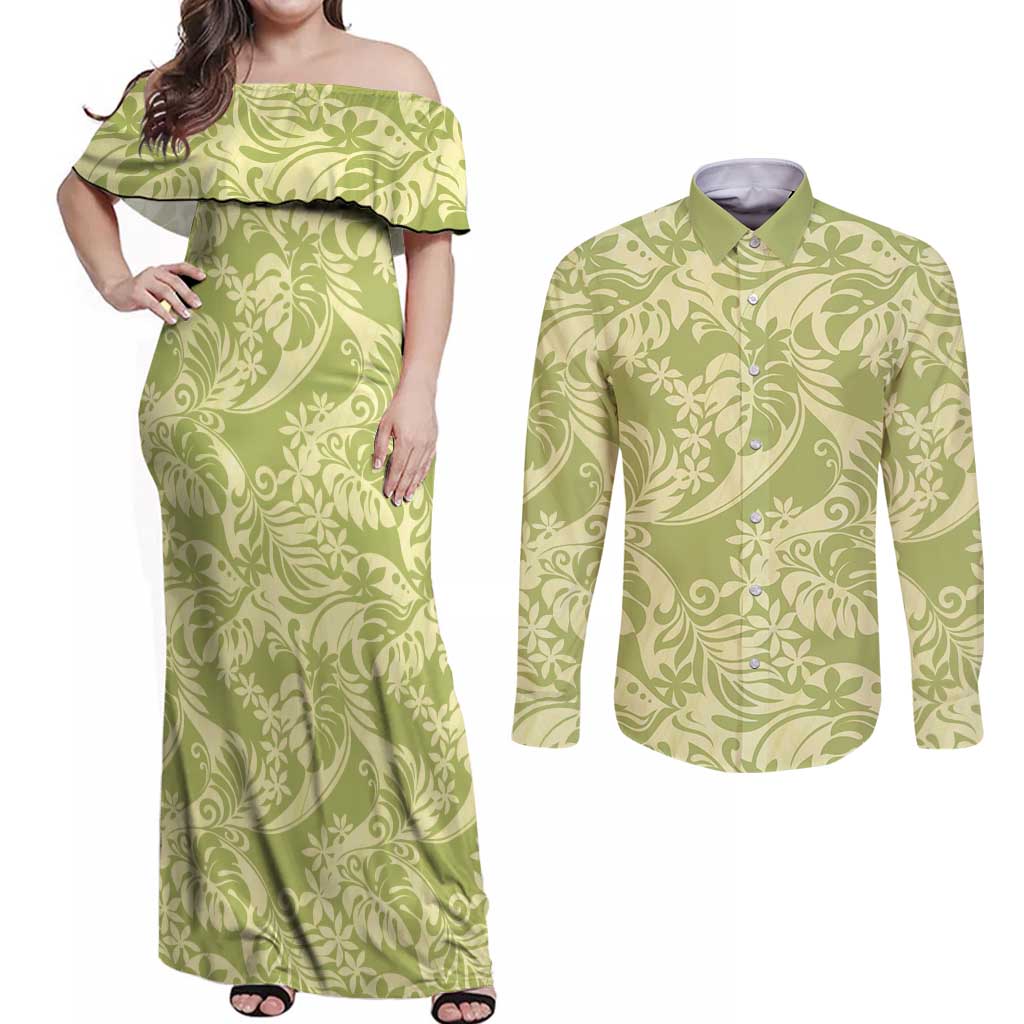 Tahiti Olive Tiare Floral Couples Matching Off Shoulder Maxi Dress and Long Sleeve Button Shirt Monstera Palm Tropical Leaves - Polynesian Pride