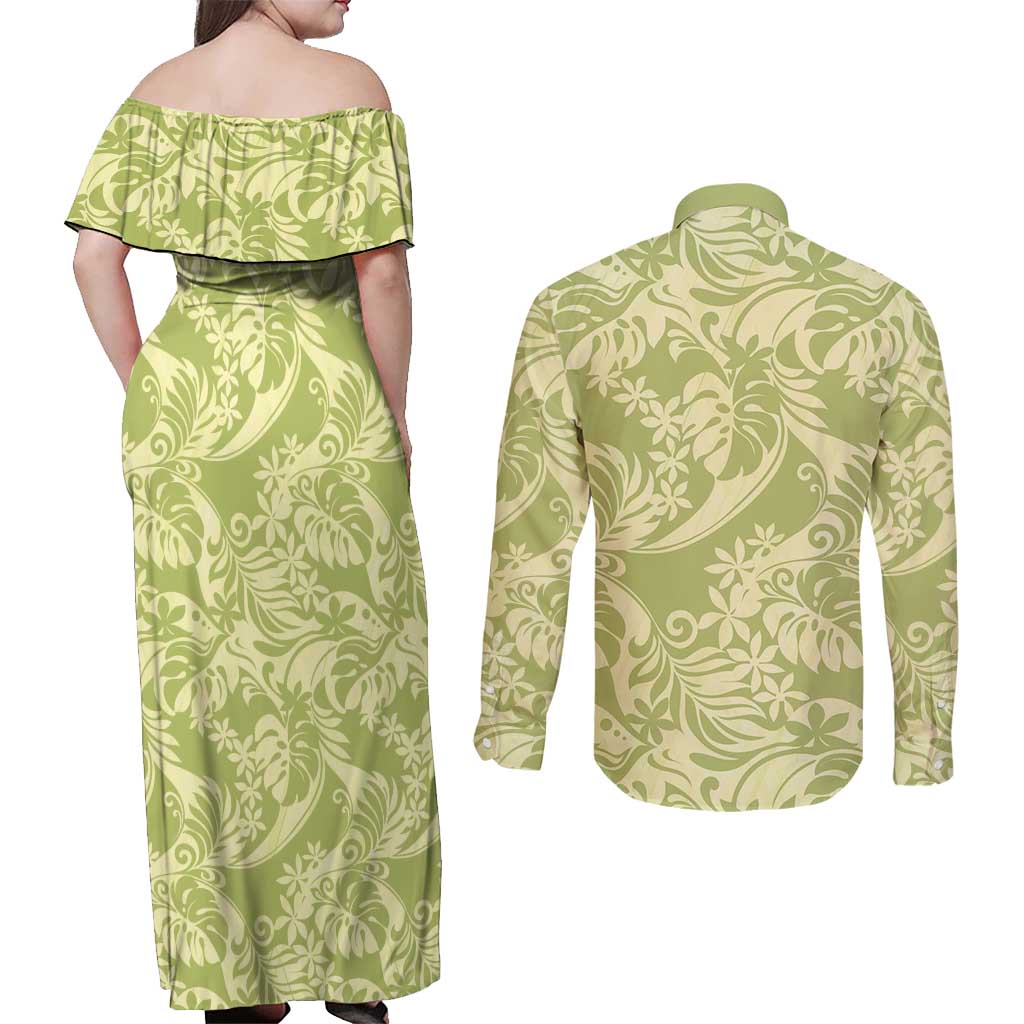 Tahiti Olive Tiare Floral Couples Matching Off Shoulder Maxi Dress and Long Sleeve Button Shirt Monstera Palm Tropical Leaves - Polynesian Pride