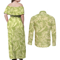 Tahiti Olive Tiare Floral Couples Matching Off Shoulder Maxi Dress and Long Sleeve Button Shirt Monstera Palm Tropical Leaves - Polynesian Pride