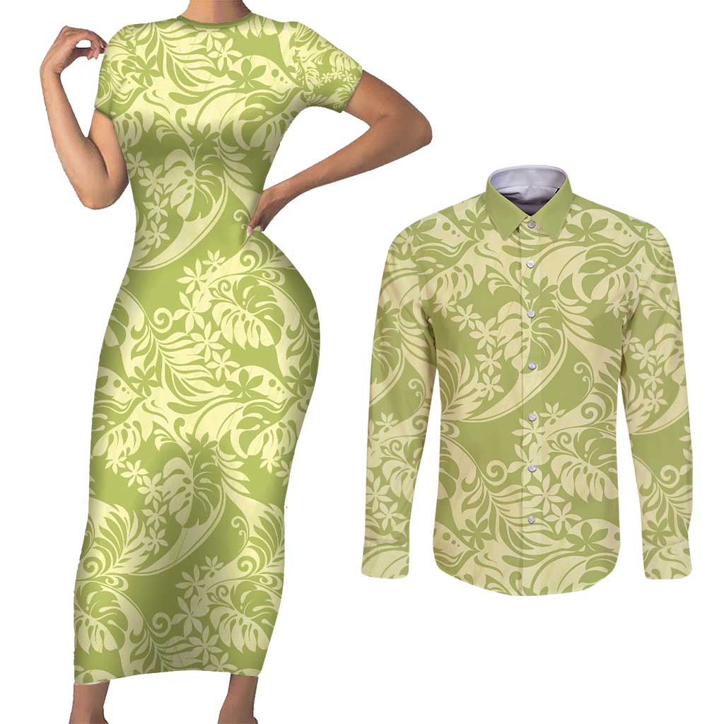 Tahiti Olive Tiare Floral Couples Matching Short Sleeve Bodycon Dress and Long Sleeve Button Shirt Monstera Palm Tropical Leaves - Polynesian Pride
