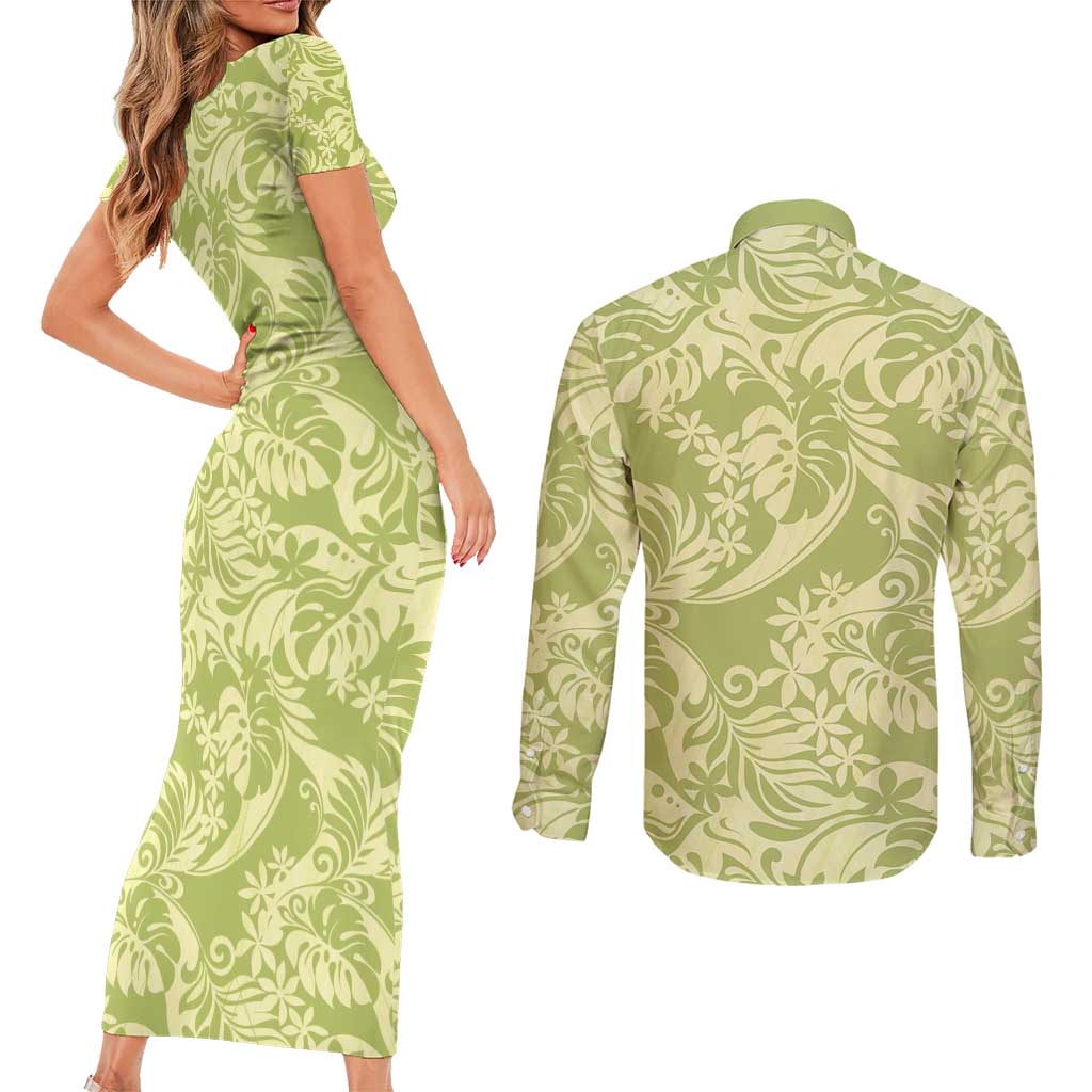 Tahiti Olive Tiare Floral Couples Matching Short Sleeve Bodycon Dress and Long Sleeve Button Shirt Monstera Palm Tropical Leaves - Polynesian Pride
