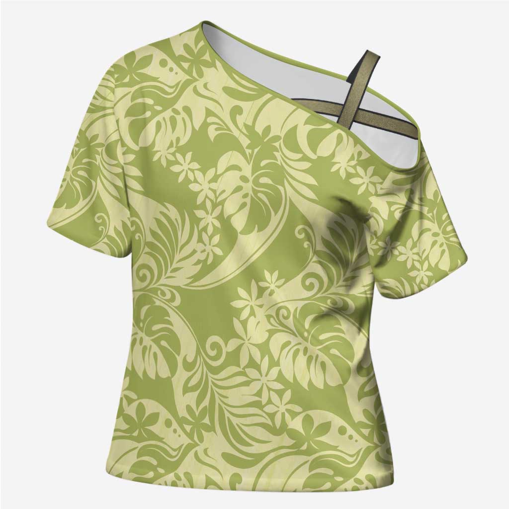 Tahiti Olive Tiare Floral Cross Shoulder Shirt Monstera Palm Tropical Leaves - Polynesian Pride