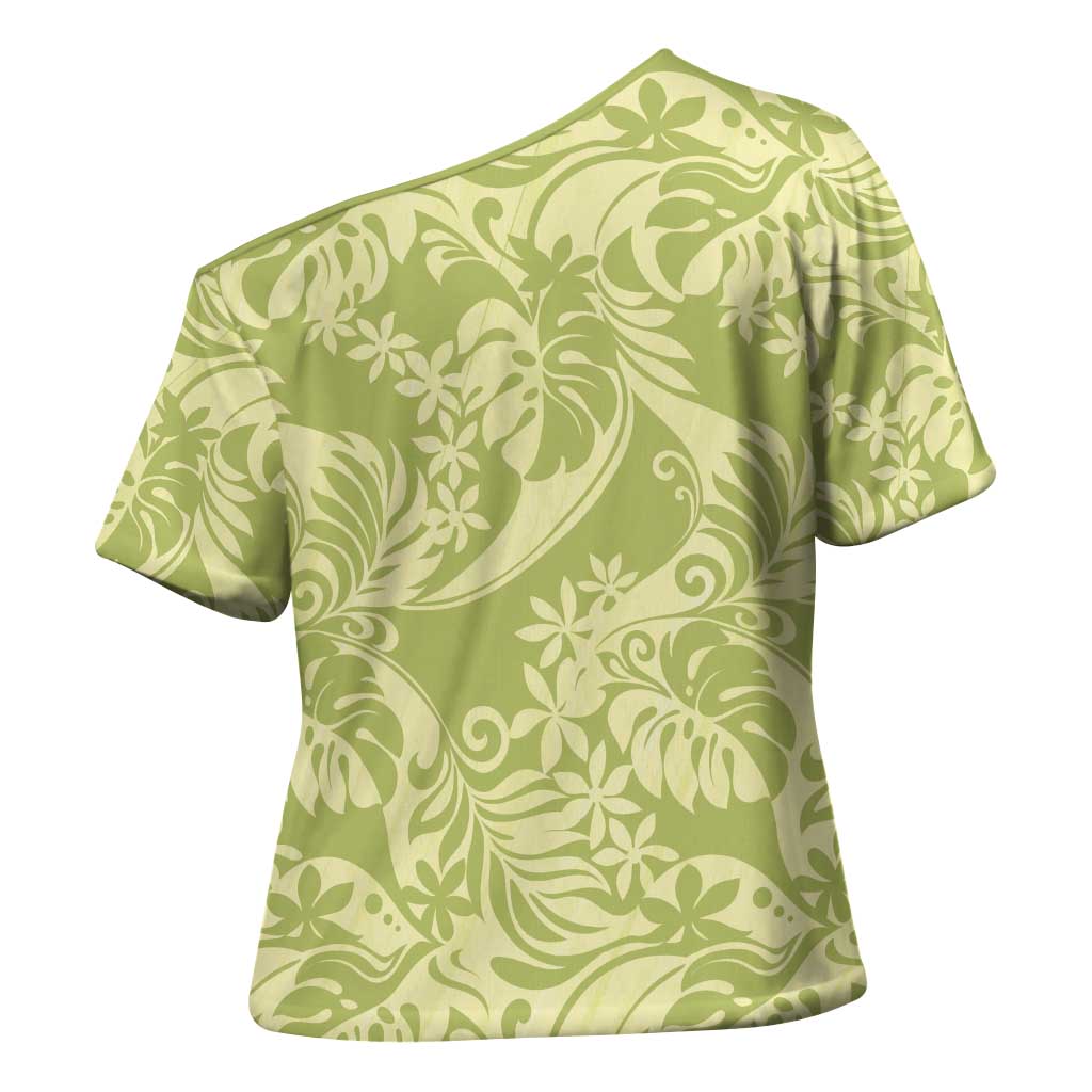 Tahiti Olive Tiare Floral Cross Shoulder Shirt Monstera Palm Tropical Leaves - Polynesian Pride