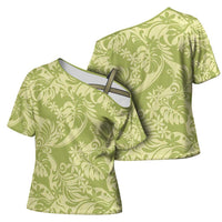 Tahiti Olive Tiare Floral Cross Shoulder Shirt Monstera Palm Tropical Leaves - Polynesian Pride