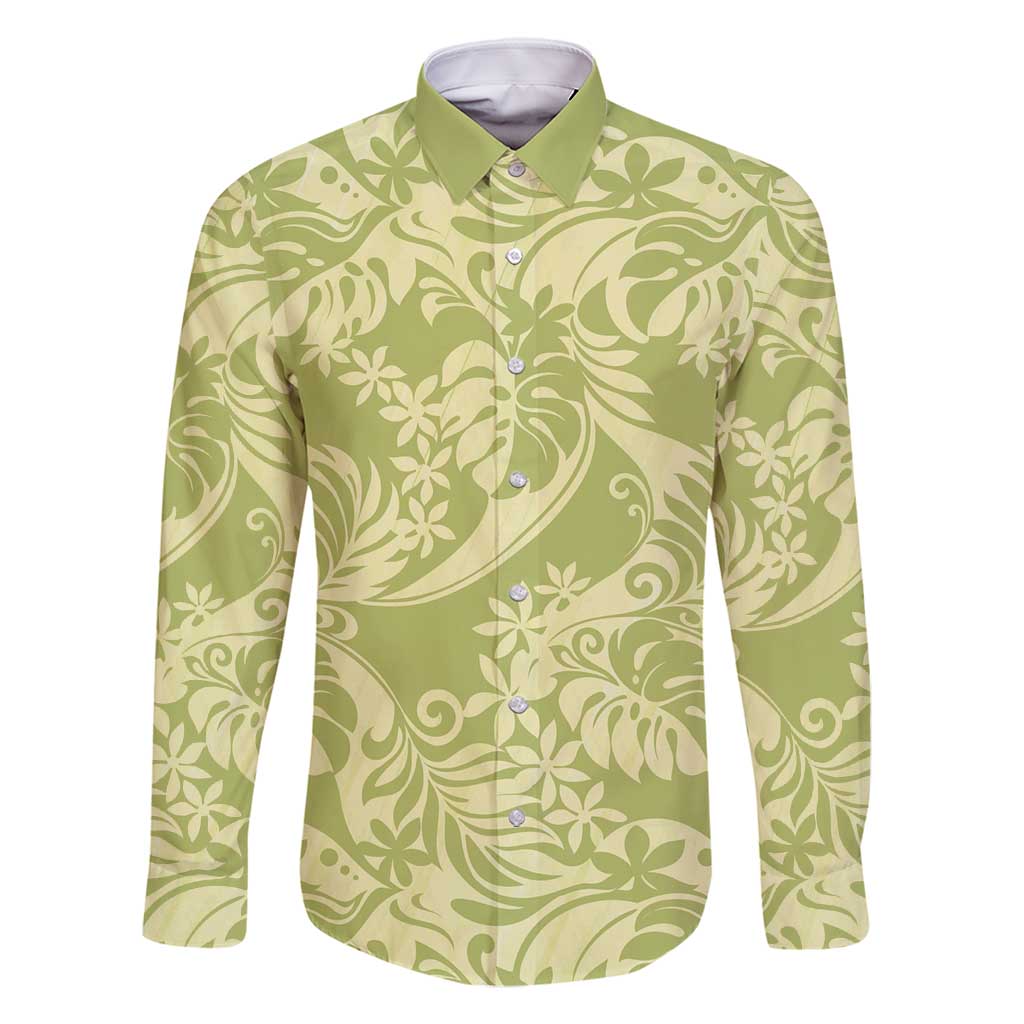 Tahiti Olive Tiare Floral Family Matching Long Sleeve Bodycon Dress and Hawaiian Shirt Monstera Palm Tropical Leaves - Polynesian Pride