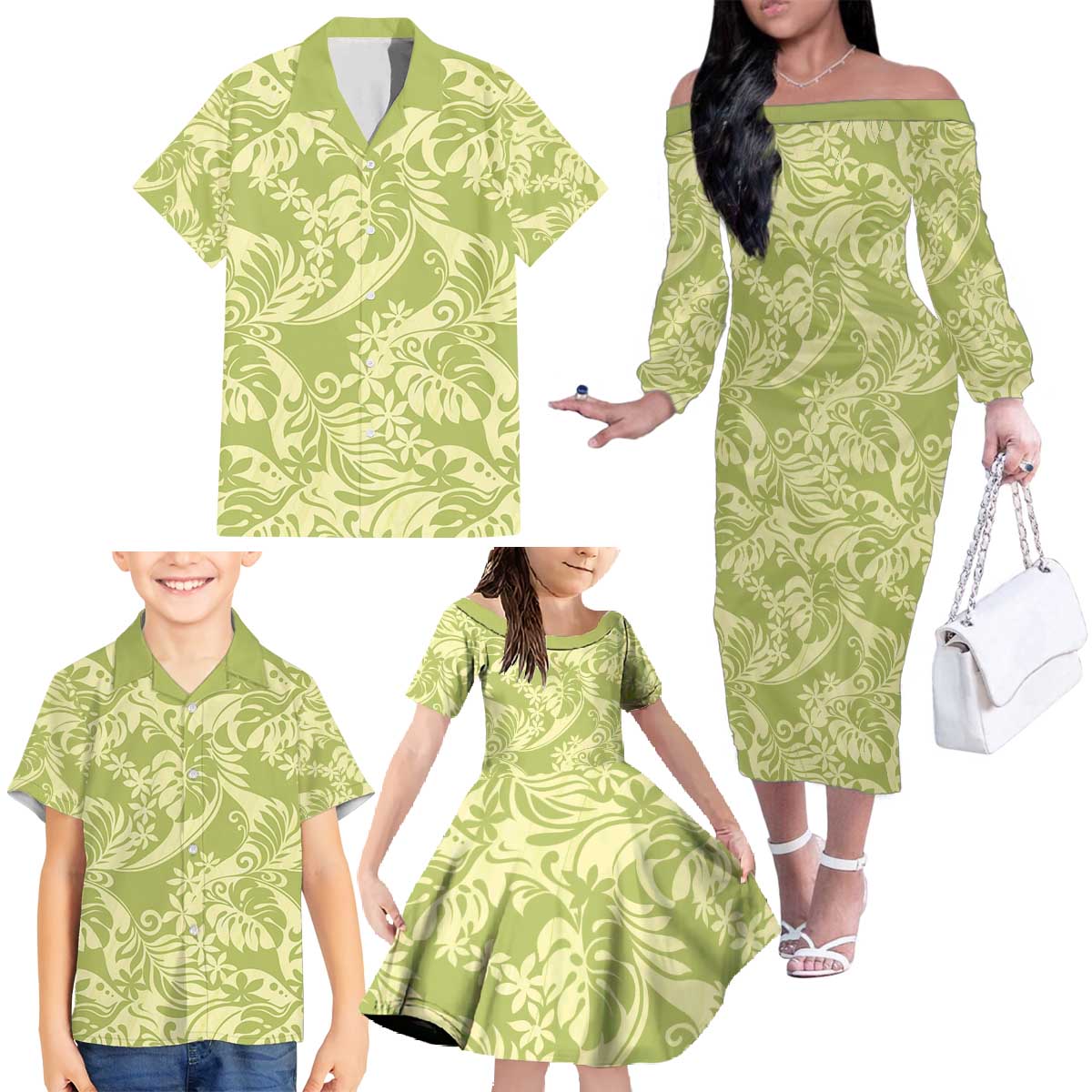 Tahiti Olive Tiare Floral Family Matching Off The Shoulder Long Sleeve Dress and Hawaiian Shirt Monstera Palm Tropical Leaves - Polynesian Pride