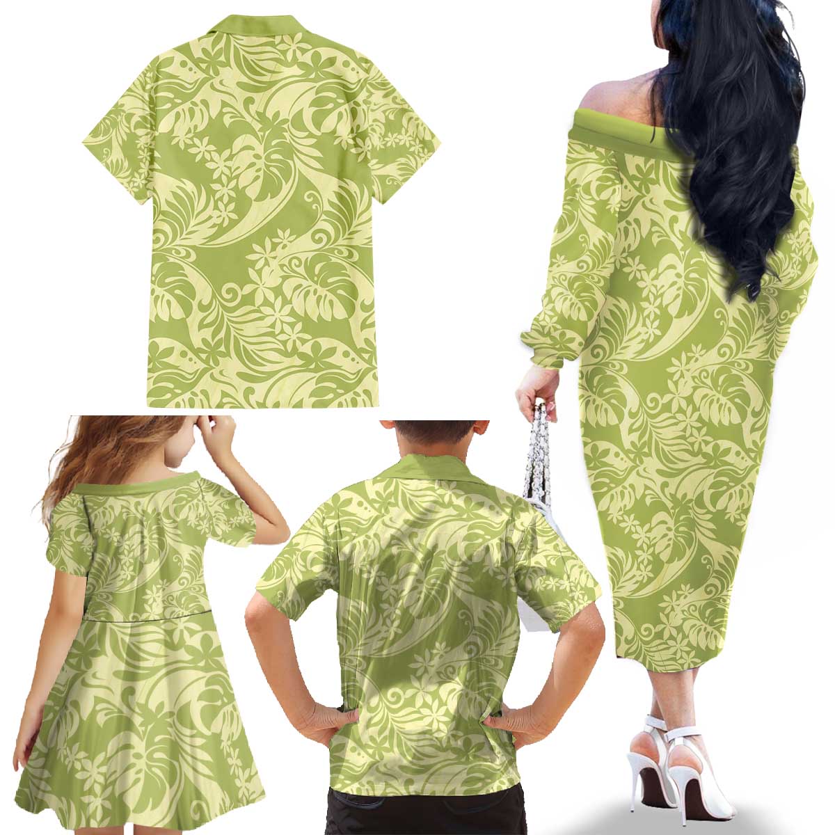 Tahiti Olive Tiare Floral Family Matching Off The Shoulder Long Sleeve Dress and Hawaiian Shirt Monstera Palm Tropical Leaves - Polynesian Pride