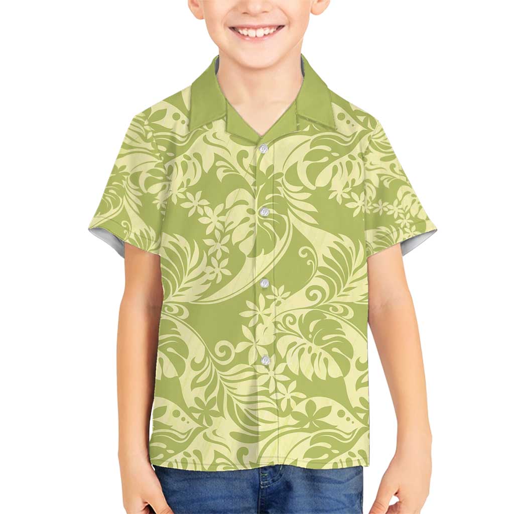 Tahiti Olive Tiare Floral Family Matching Off Shoulder Short Dress and Hawaiian Shirt Monstera Palm Tropical Leaves - Polynesian Pride