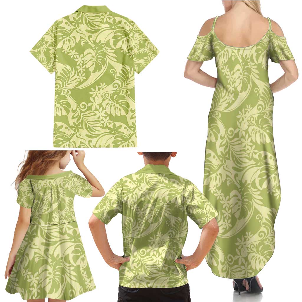 Tahiti Olive Tiare Floral Family Matching Summer Maxi Dress and Hawaiian Shirt Monstera Palm Tropical Leaves - Polynesian Pride