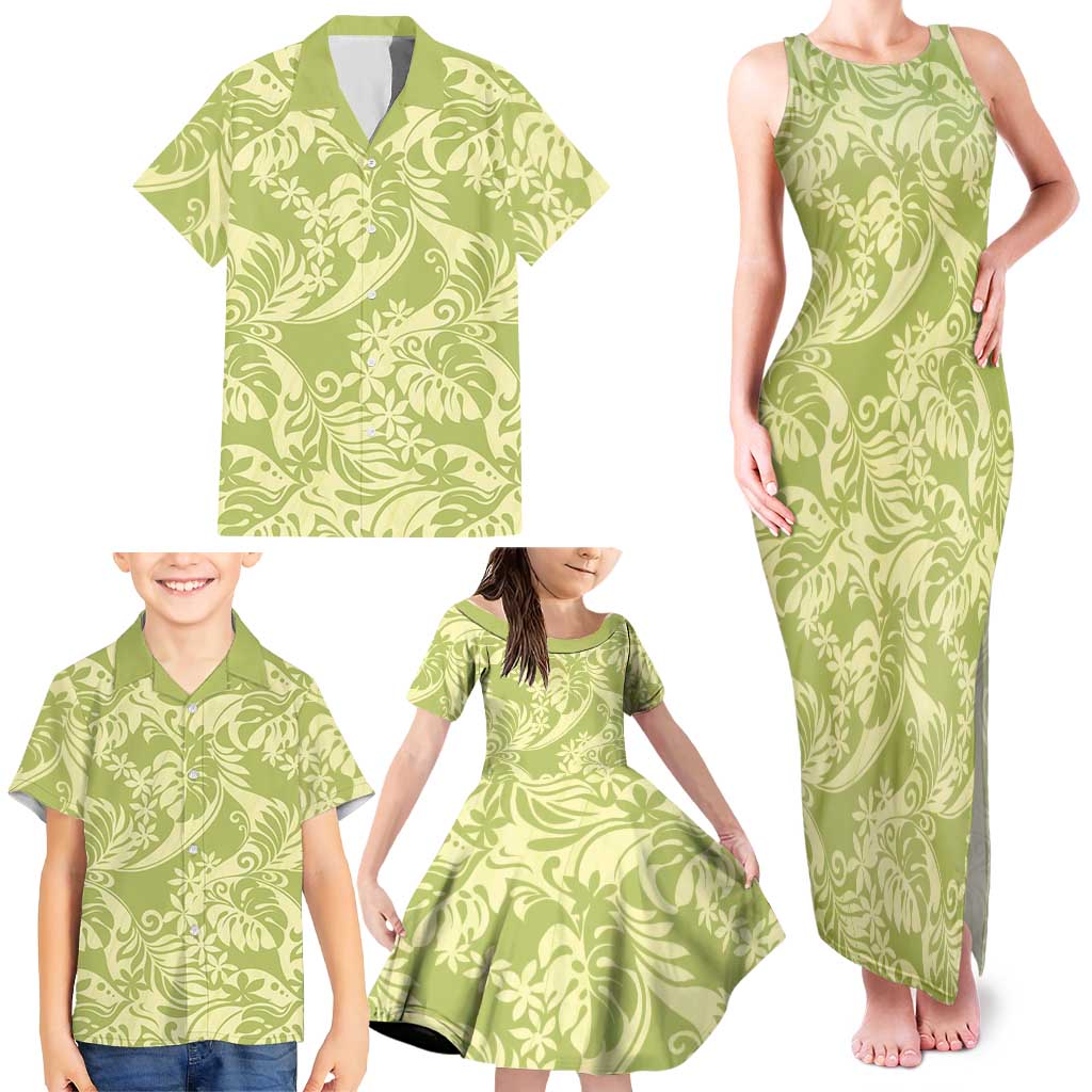 Tahiti Olive Tiare Floral Family Matching Tank Maxi Dress and Hawaiian Shirt Monstera Palm Tropical Leaves LT01 - Polynesian Pride
