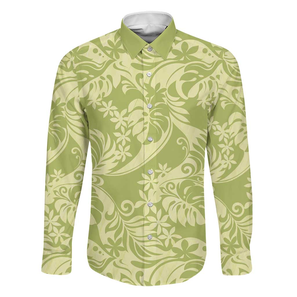 Tahiti Olive Tiare Floral Family Matching Tank Maxi Dress and Hawaiian Shirt Monstera Palm Tropical Leaves LT01 Dad's Shirt - Long Sleeve Olive - Polynesian Pride