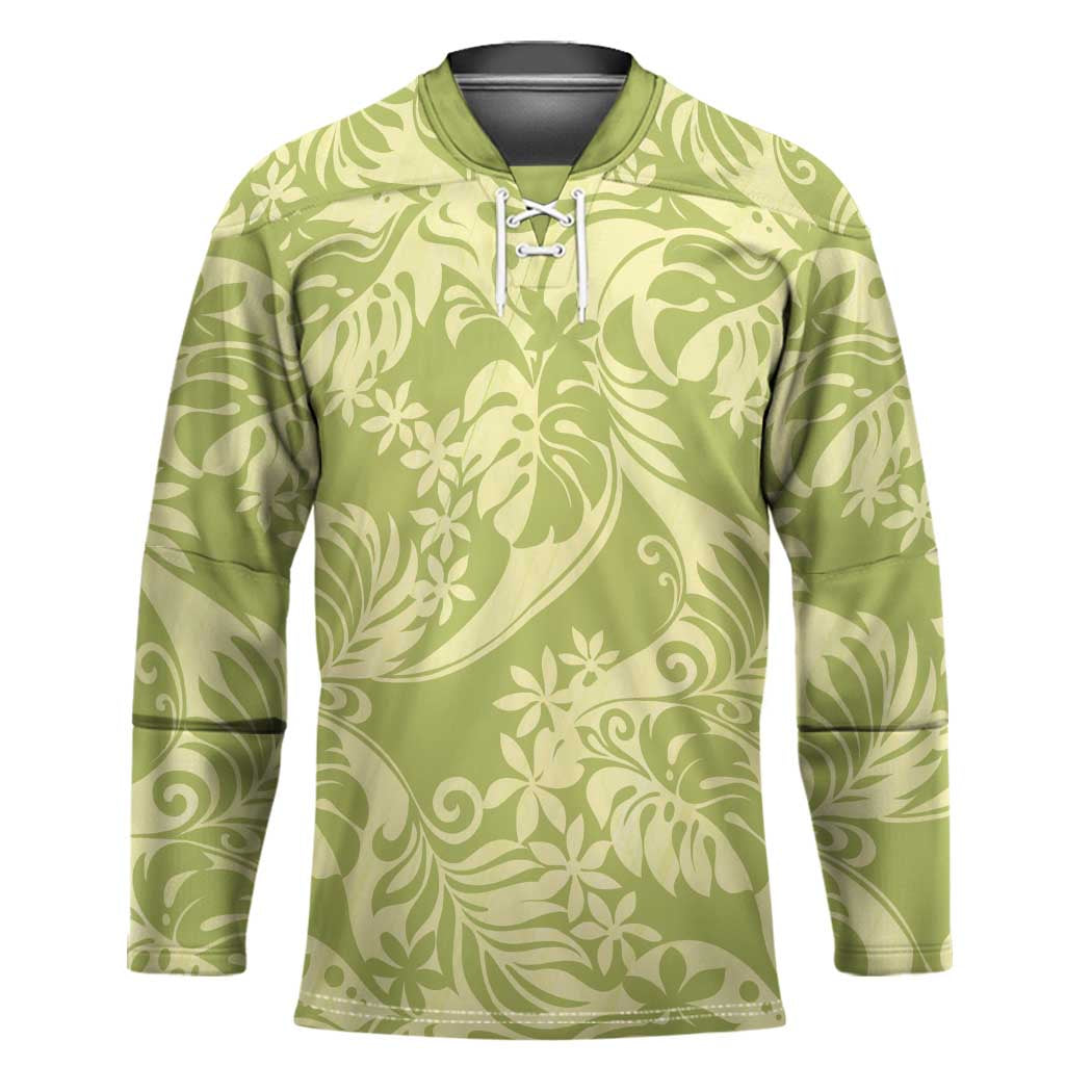 Tahiti Olive Tiare Floral Hockey Jersey Monstera Palm Tropical Leaves - Polynesian Pride