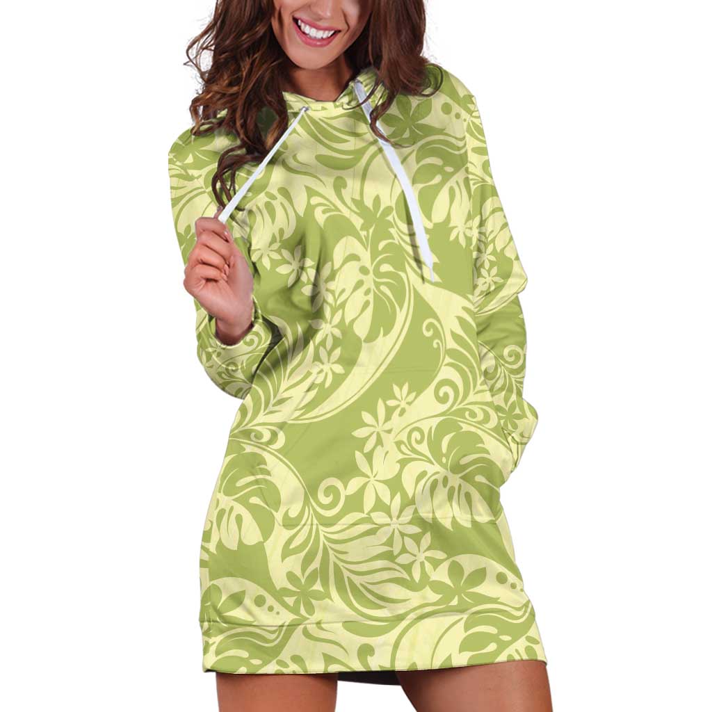 Tahiti Olive Tiare Floral Hoodie Dress Monstera Palm Tropical Leaves - Polynesian Pride