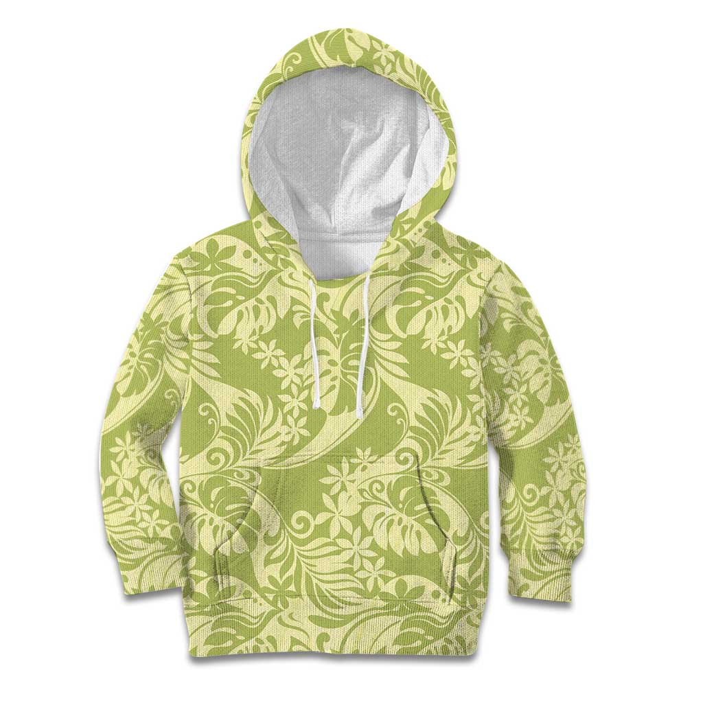 Tahiti Olive Tiare Floral Kid Hoodie Monstera Palm Tropical Leaves - Polynesian Pride